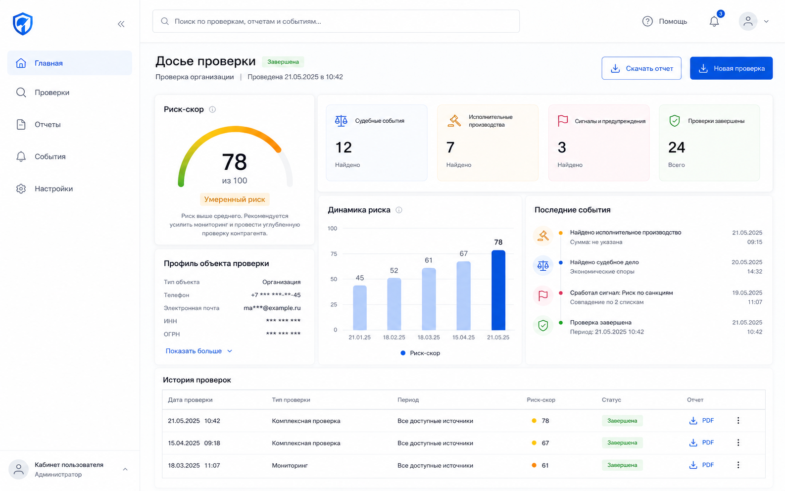Интерфейс досье проверки в Cheker.ai